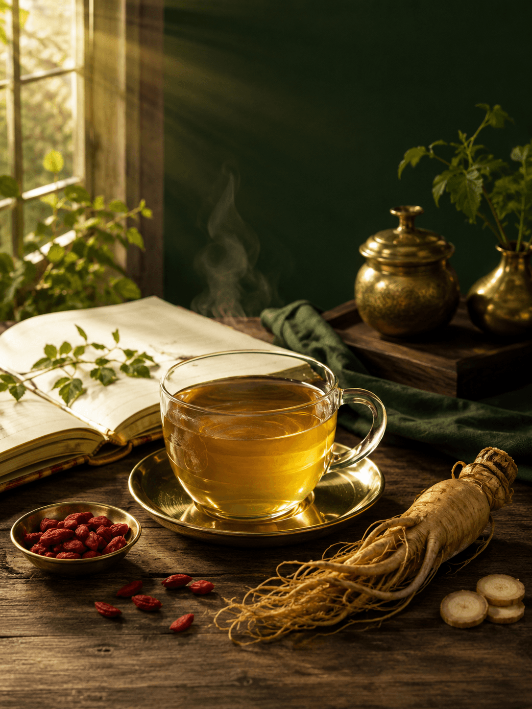 A cup of Staminor ginseng tea on a wooden table beside ginseng root, goji berries and an open book