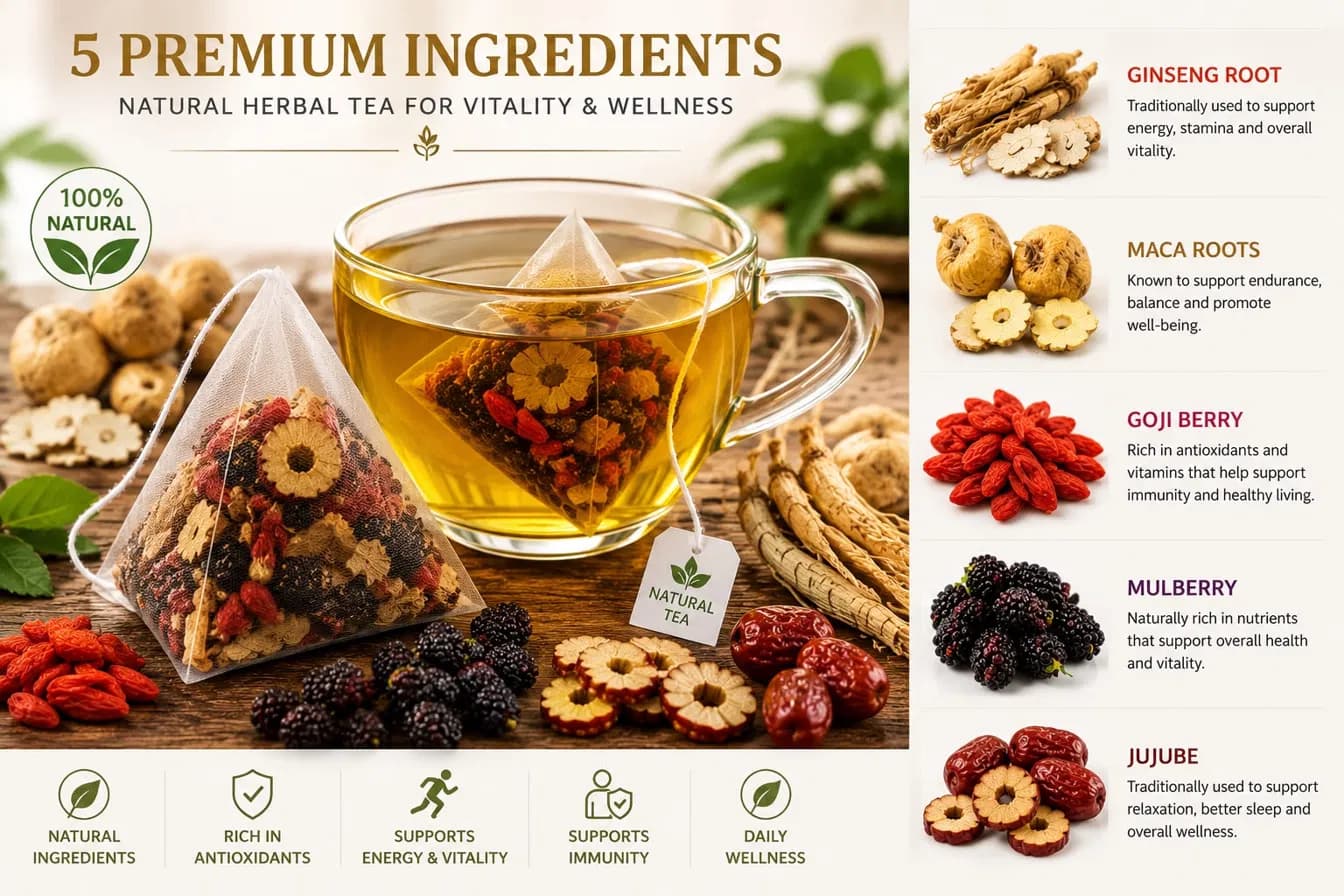 Five premium ingredients in Staminor ginseng tea: ginseng root for energy and stamina, maca root for endurance and balance, goji berry for antioxidants and immunity, mulberry for overall vitality, and jujube for relaxation and better sleep.