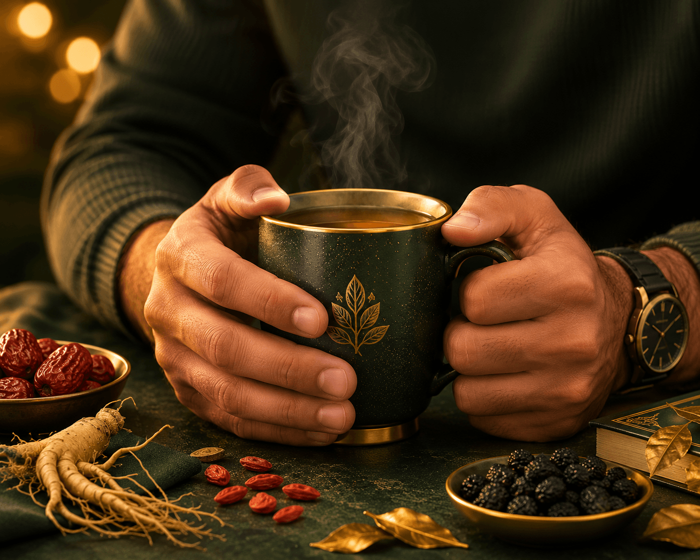 Hands wrapped around a warm mug of Staminor ginseng tea