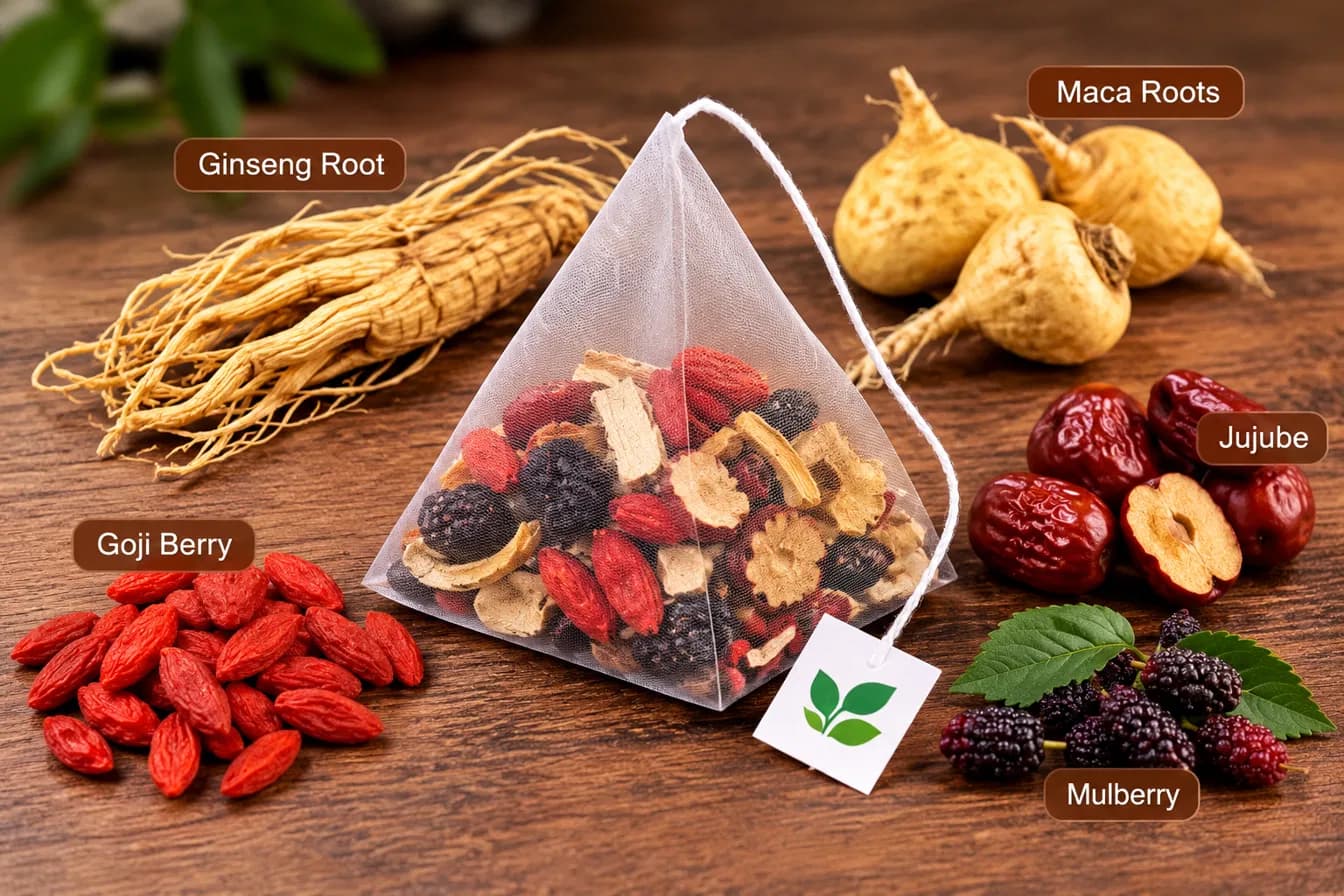 A Staminor pyramid tea bag surrounded by ginseng root, maca root, goji berries, jujube and mulberries